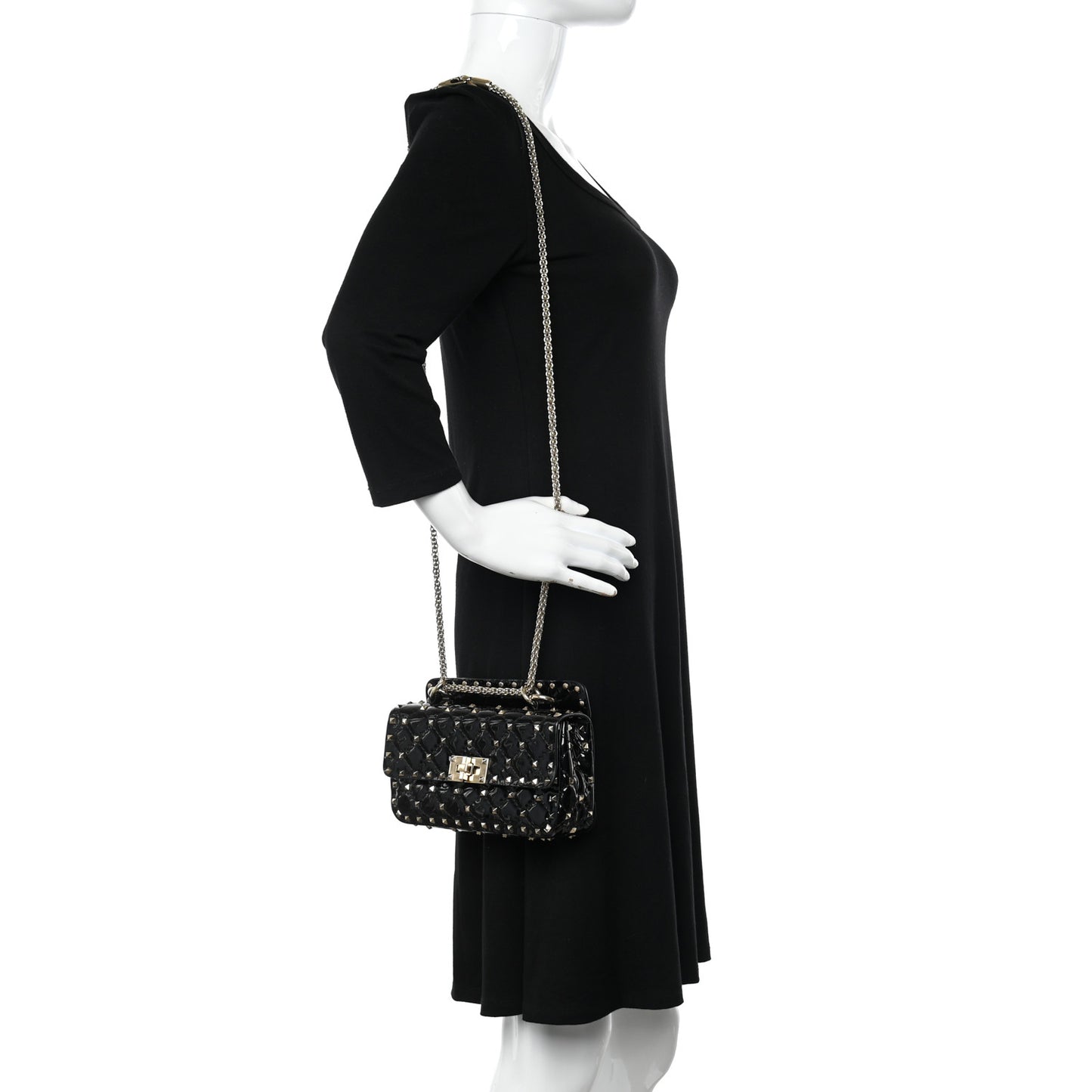 Patent Small Rockstud Spike Shoulder Bag Black
