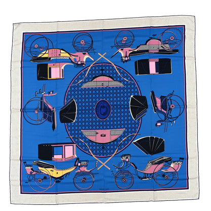 Hermes Cashmere Silk Les Voitures A Transformation Shawl 140 Bleu Azur Rose Blanc 1 of 3