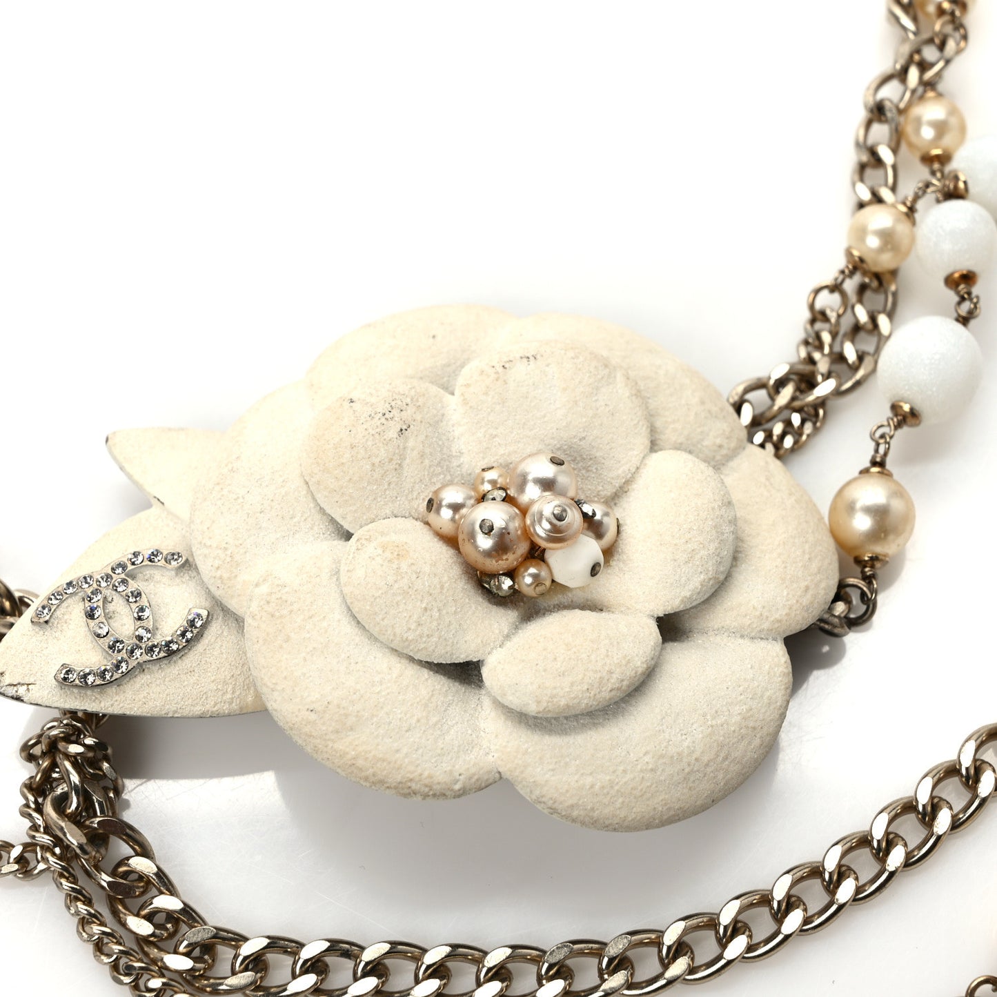 Pearl Crystal Beaded Camellia Chain Belt Gold White