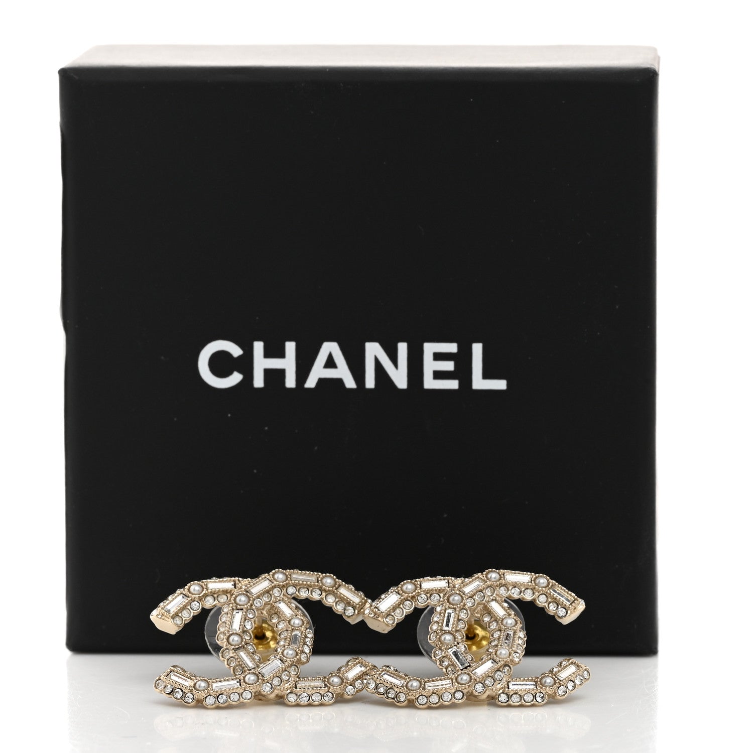 Chanel Crystal Baguette Pearl CC Earrings Gold Pearly White 5 of 5