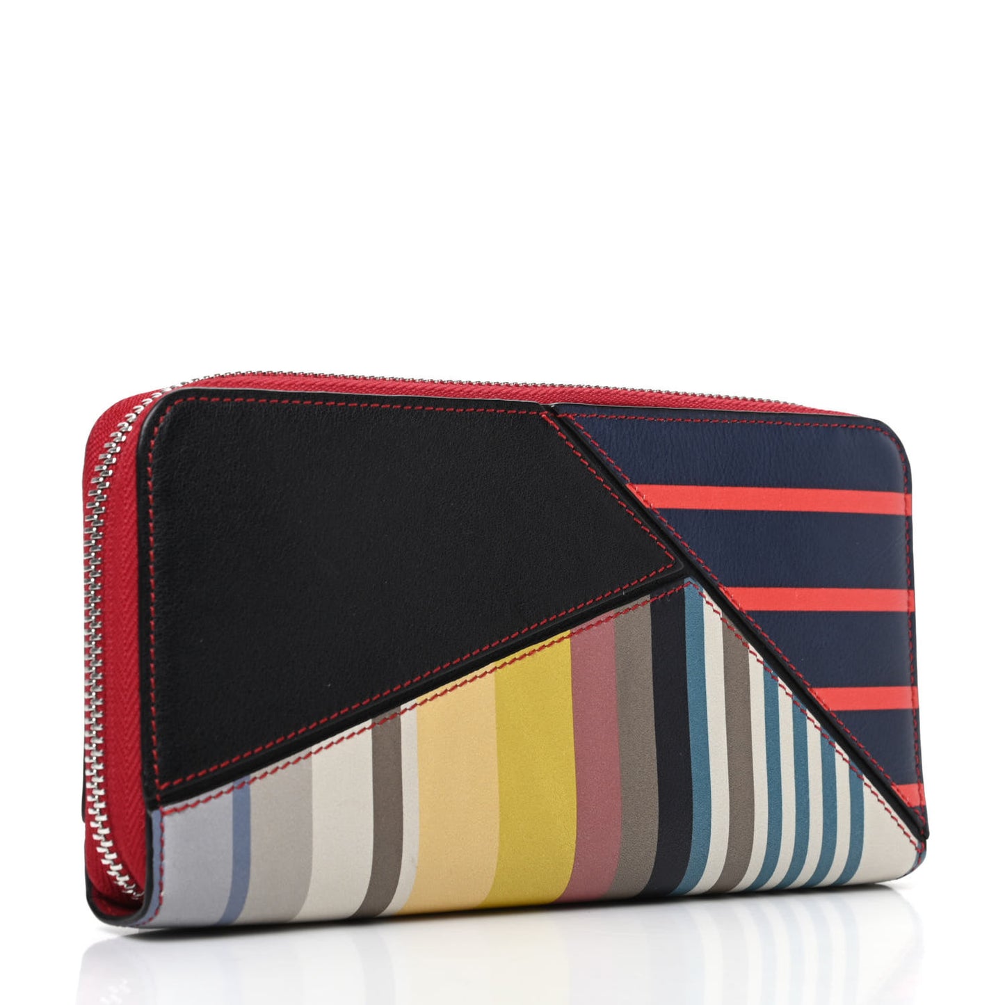 Calfskin Puzzle Striped Colorblock Zip Around Wallet Red Tan