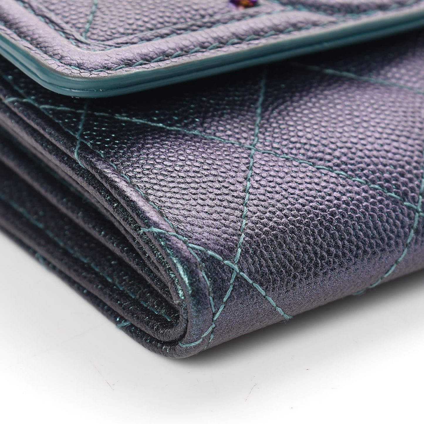 Iridescent Caviar Quilted Medium Filigree Flap Wallet Dark Turquoise