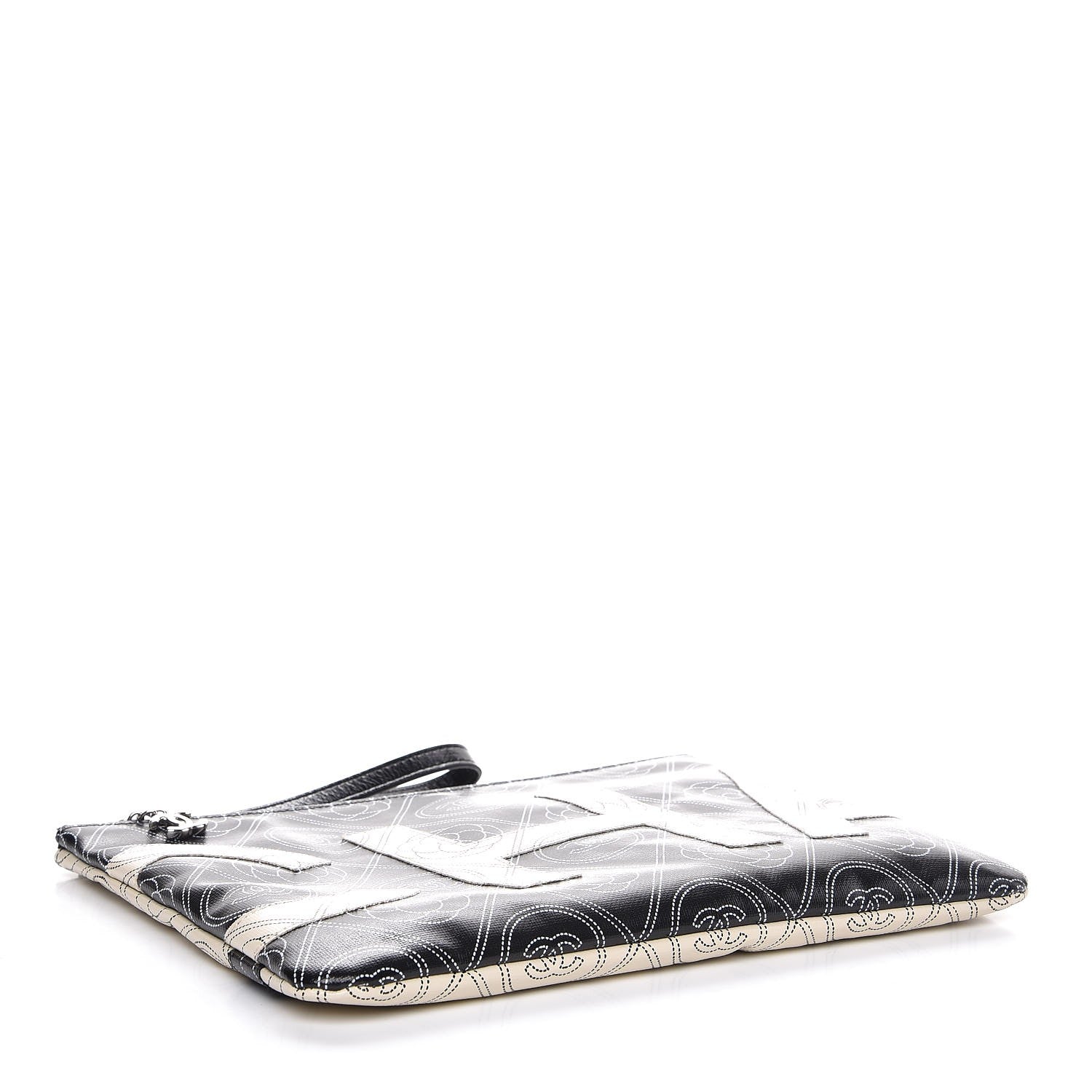 Chanel Coated Canvas Camellia Printed Pouch Black Beige 4 of 8
