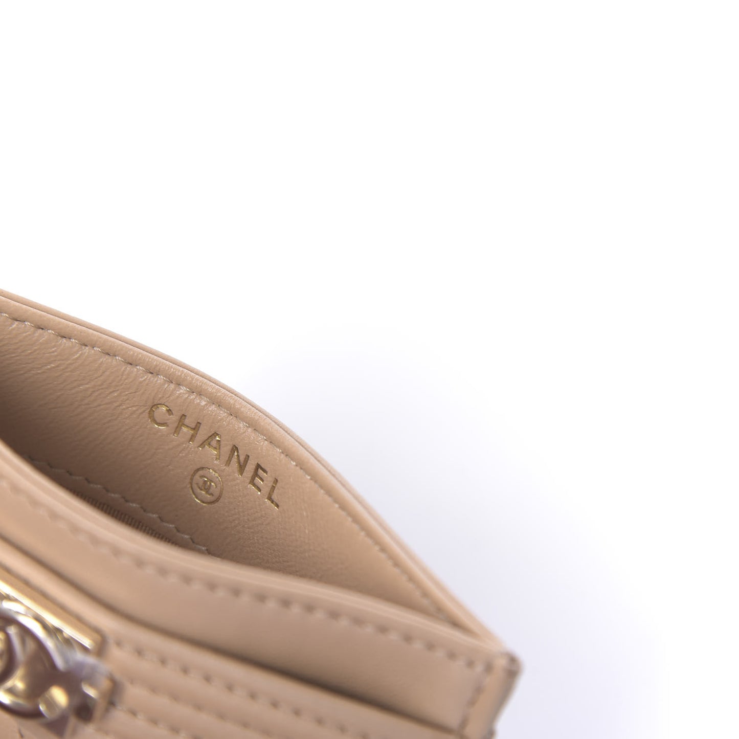 Lambskin Quilted Boy Card Holder Beige