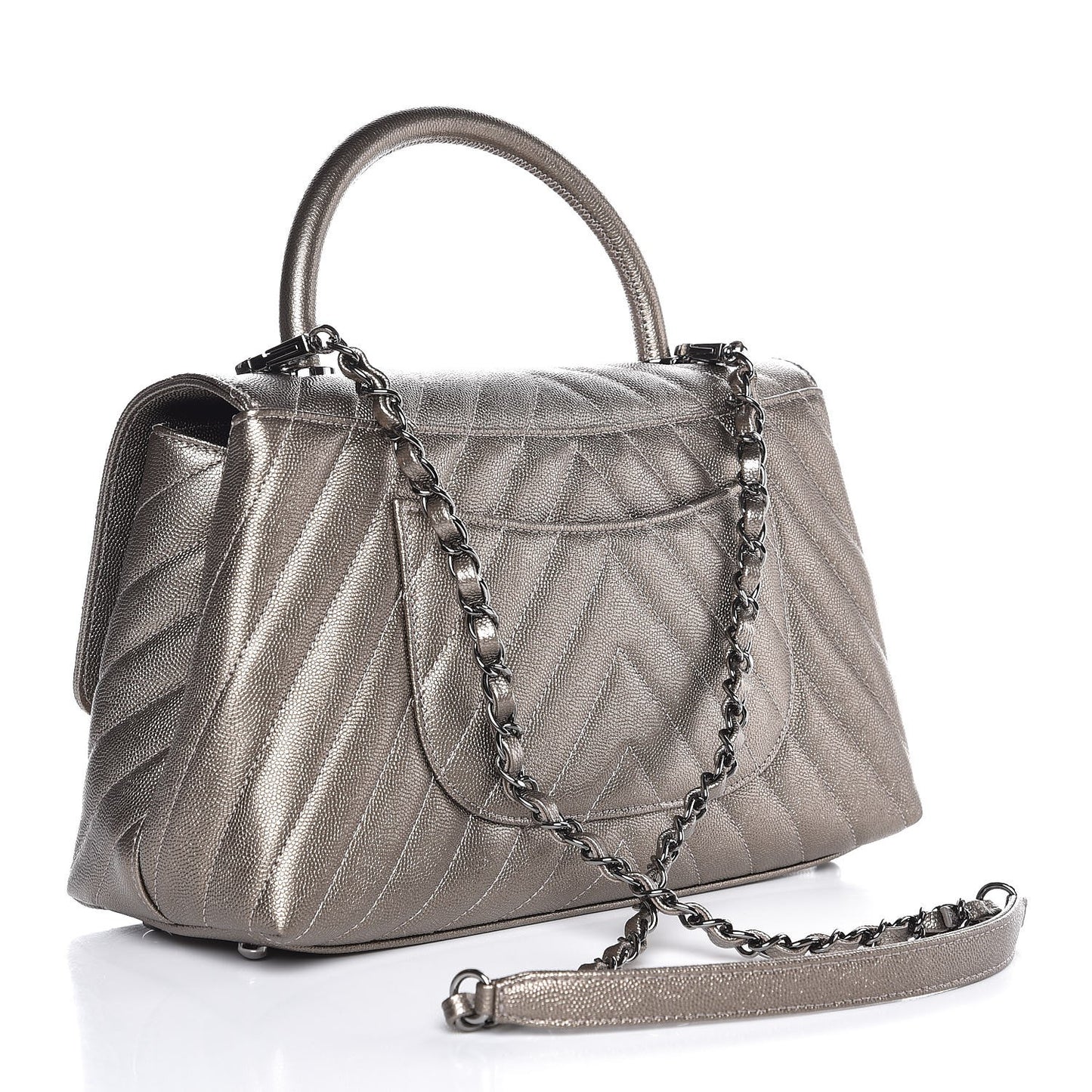 Metallic Caviar Chevron Quilted Small Coco Handle Flap Light Gold