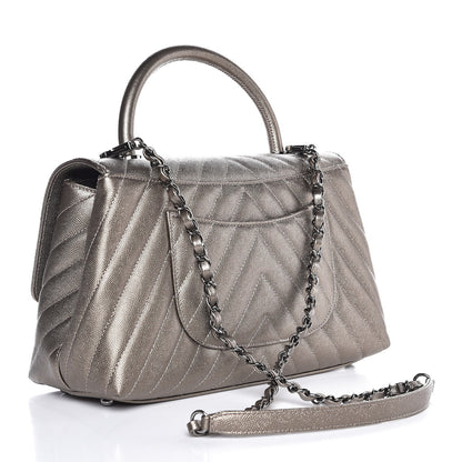 Chanel Metallic Caviar Chevron Quilted Small Coco Handle Flap Light Gold 4 of 9