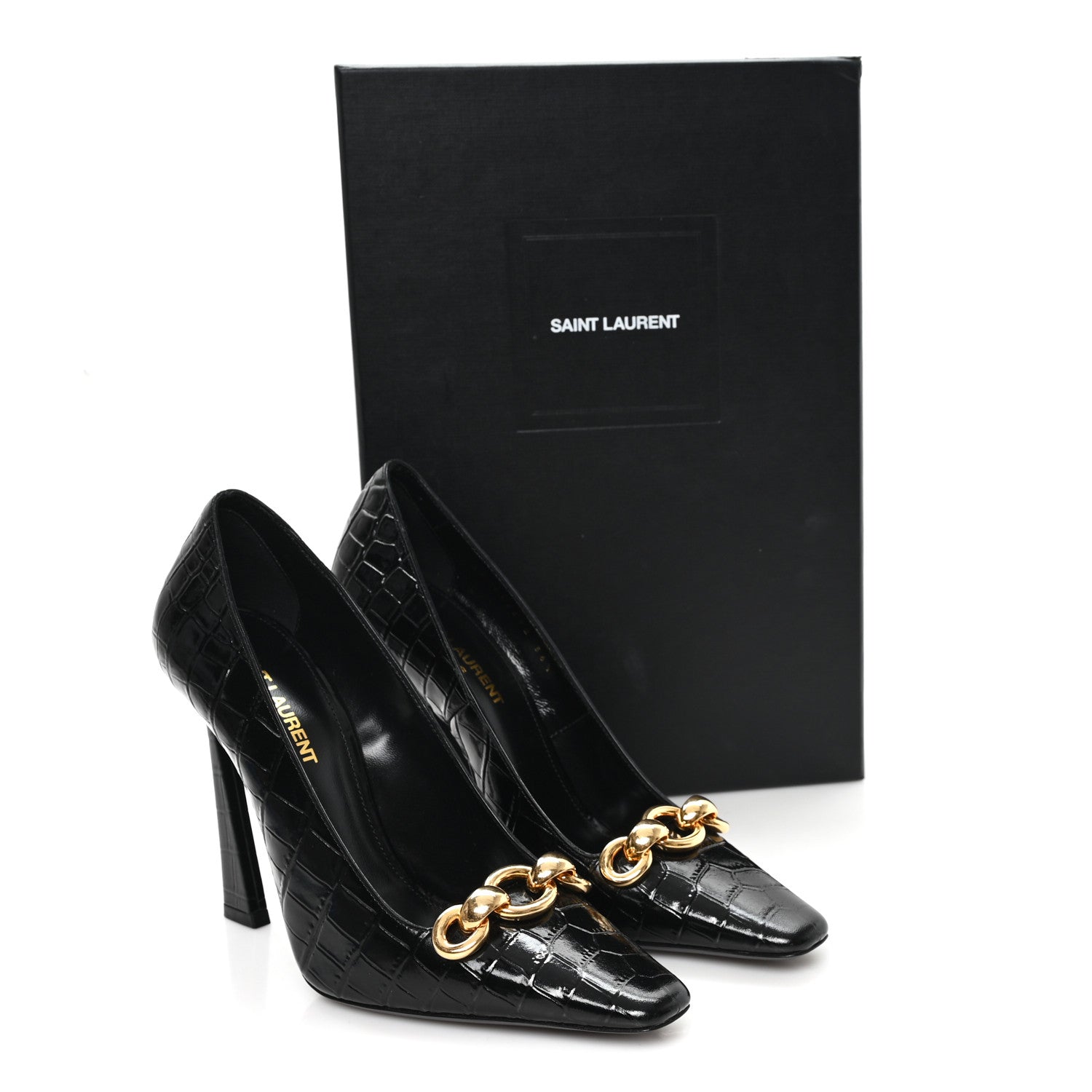 Saint Laurent Calfskin Crocodile Embossed Silvana 110mm Pumps 36.5 Black 10 of 10