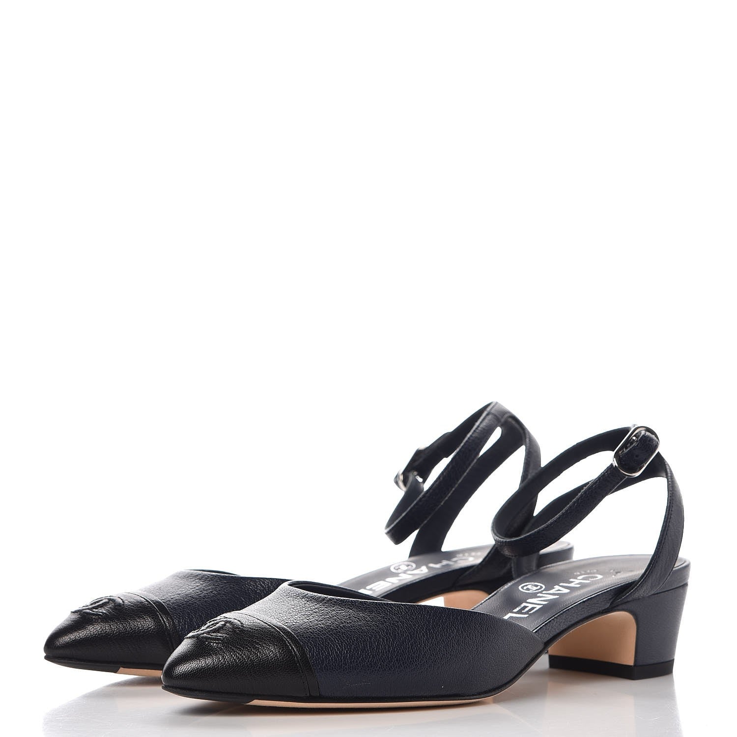 Chanel Goatskin Cap Toe CC Slingback Pumps 36 Navy Black 3 of 8