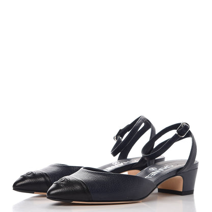 Chanel Goatskin Cap Toe CC Slingback Pumps 36 Navy Black 3 of 8
