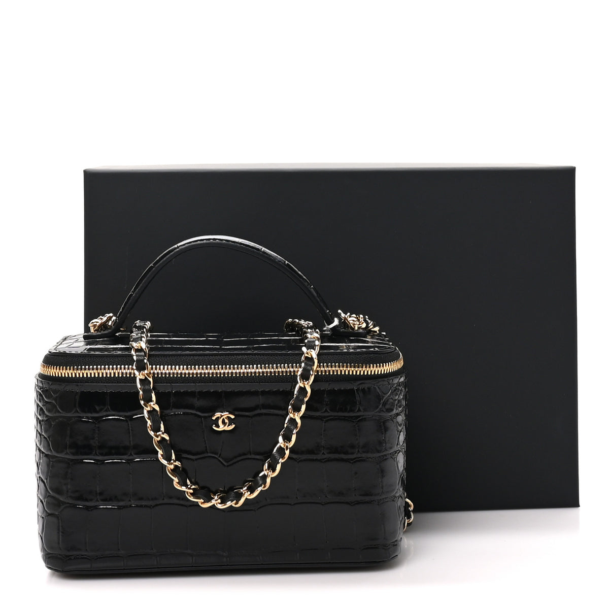 Chanel Calfskin Crocodile Embossed Crococo Small Top Handle Vanity Case With Chain Black 12 of 12