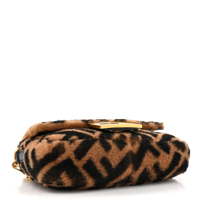 Fendi Shearling Vitello Dolce Macro FF 1974 Mini Baguette Tobacco Black 4 of 10