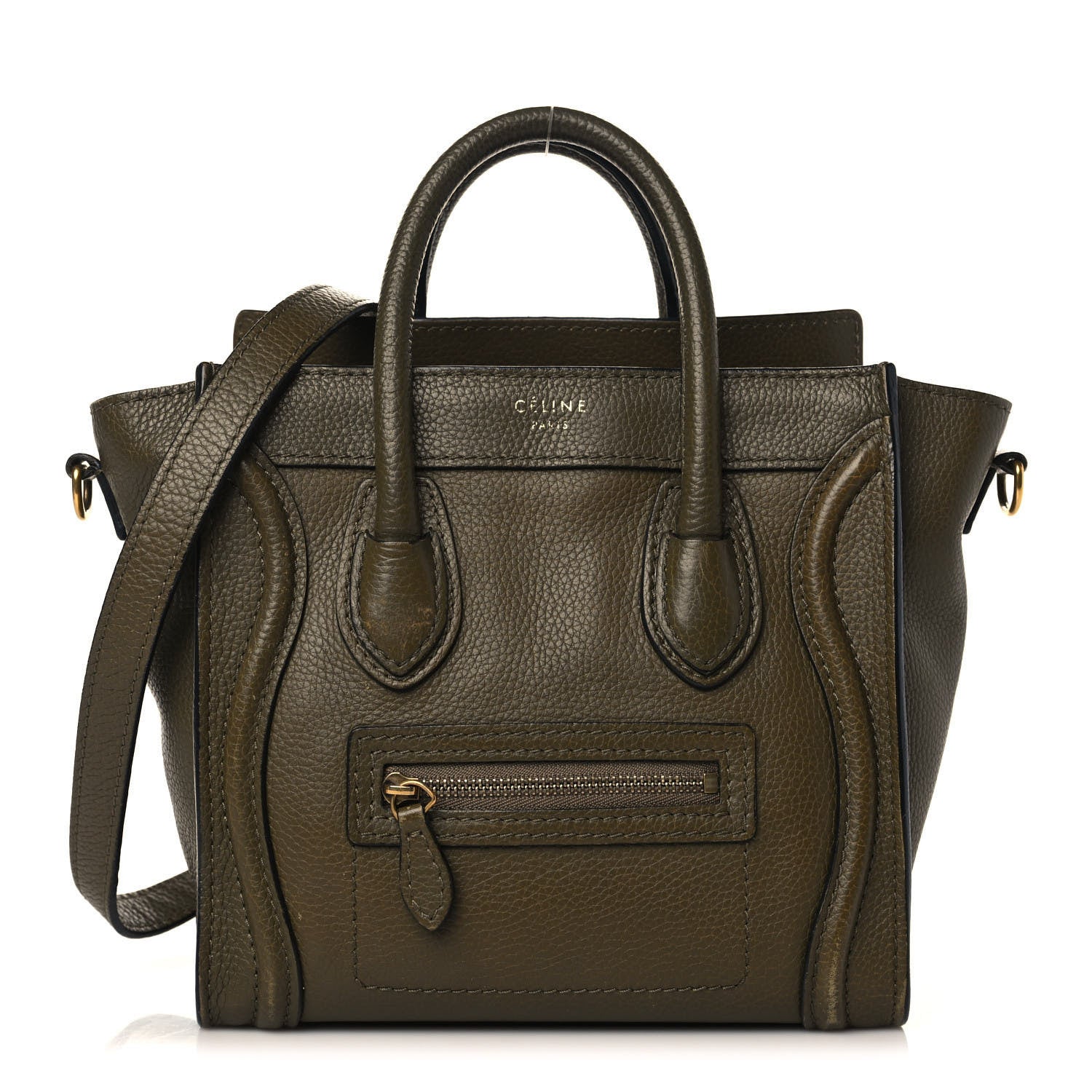 Celine Drummed Calfskin Nano Luggage Dark Olive 1 of 12