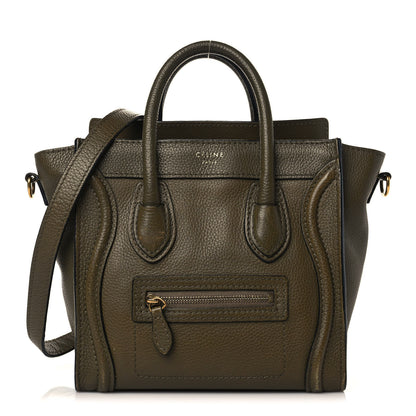 Celine Drummed Calfskin Nano Luggage Dark Olive 1 of 12