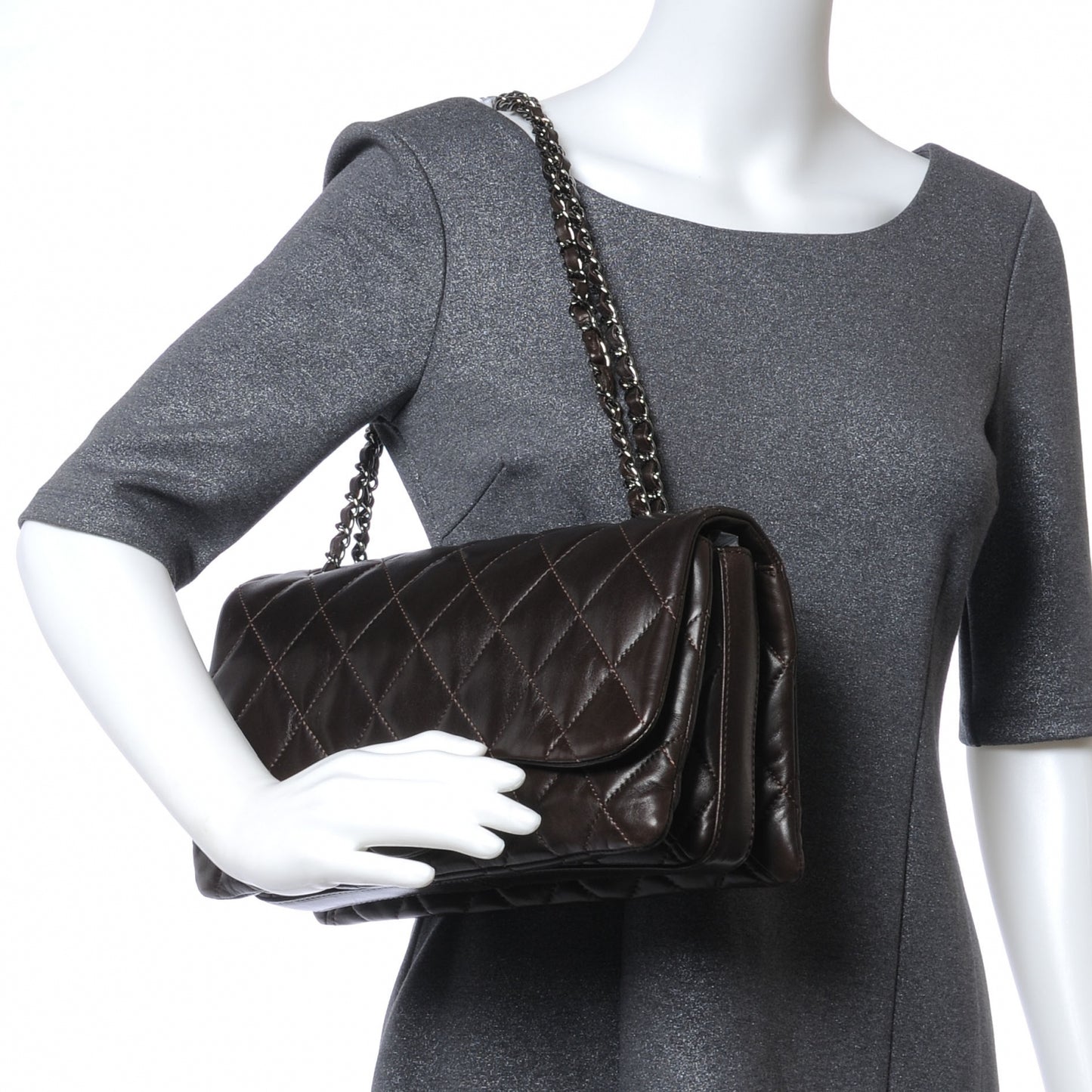 Lambskin Quilted 3 Large Flap Dark Brown