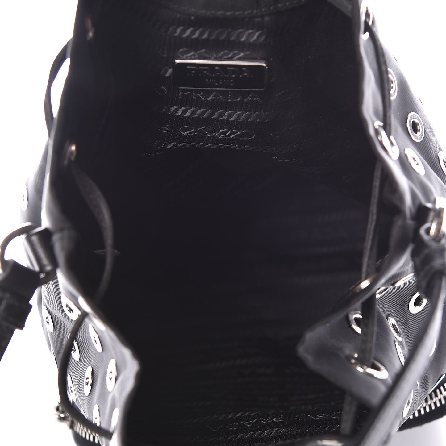 Tessuto Nylon Saffiano Grommets Mini Bucket Crossbody Bag Black