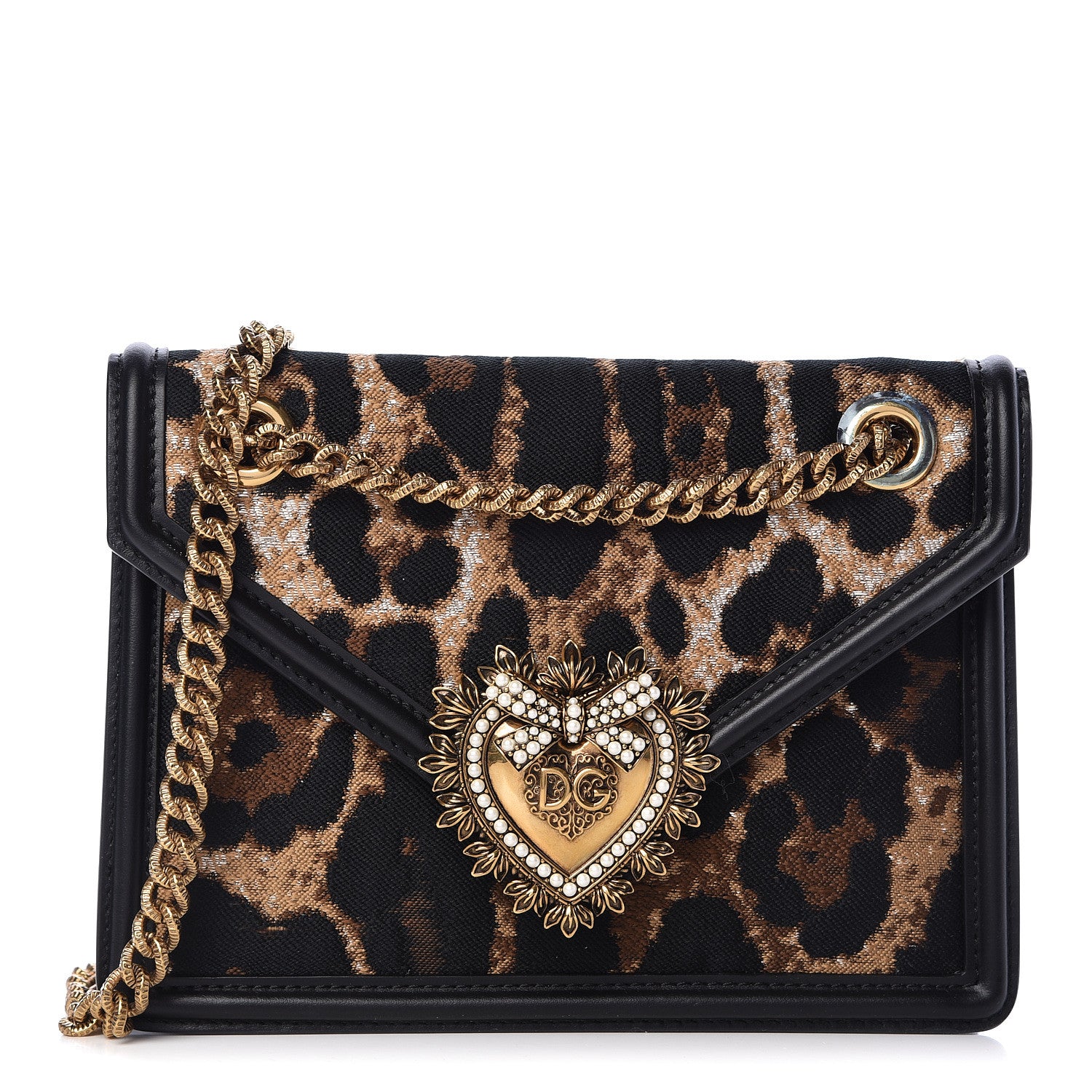 Dolce & Gabbana Jacquard Leopard Print Smooth Calfskin Medium Devotion Crossbody Bag Black 1 of 11