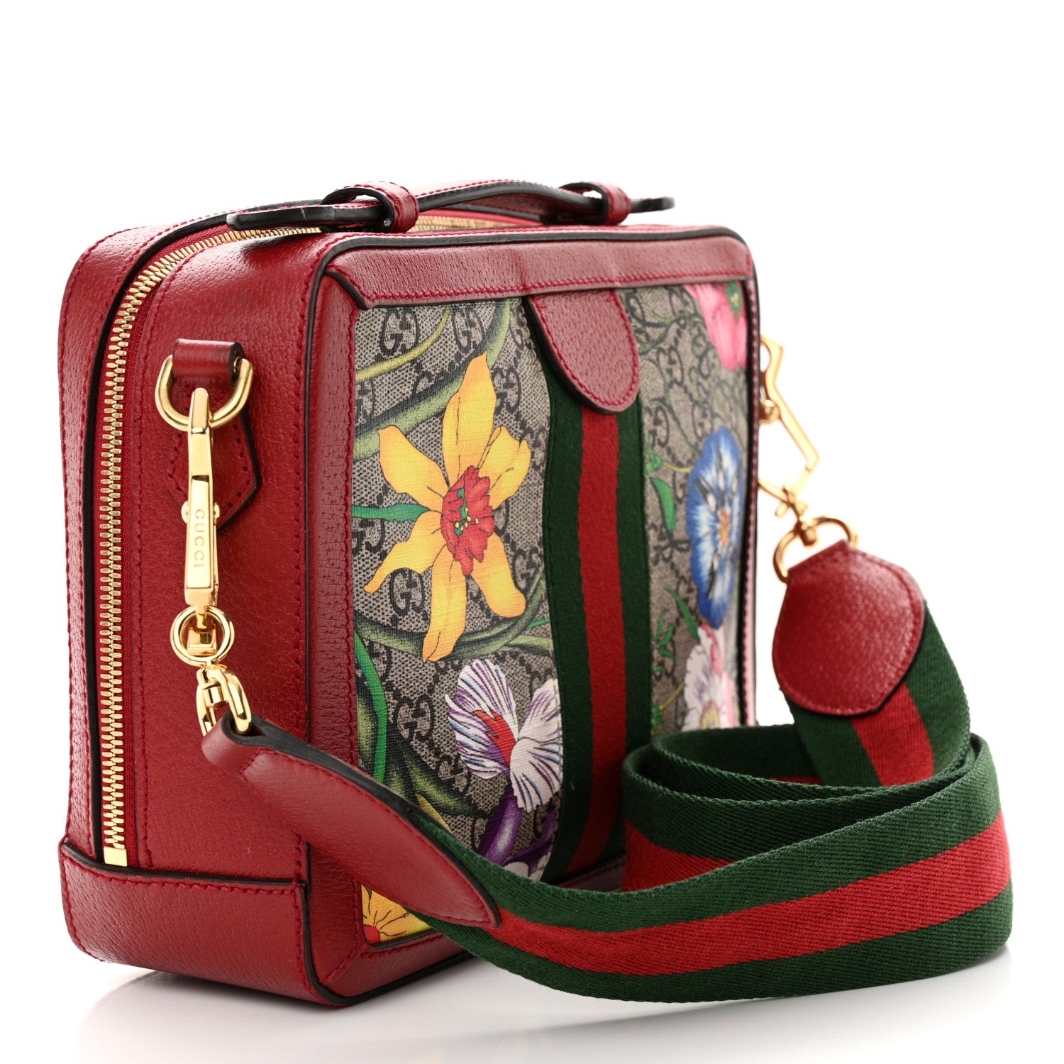 Gucci GG Supreme Monogram Flora Web Small Ophidia Top Handle Shoulder Bag Hibiscus Red 3 of 17
