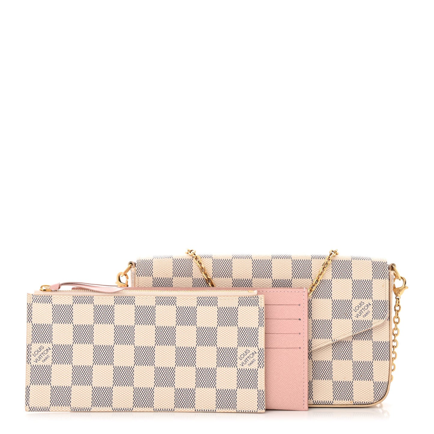 Damier Azur Pochette Felicie Chain Wallet Rose Ballerine