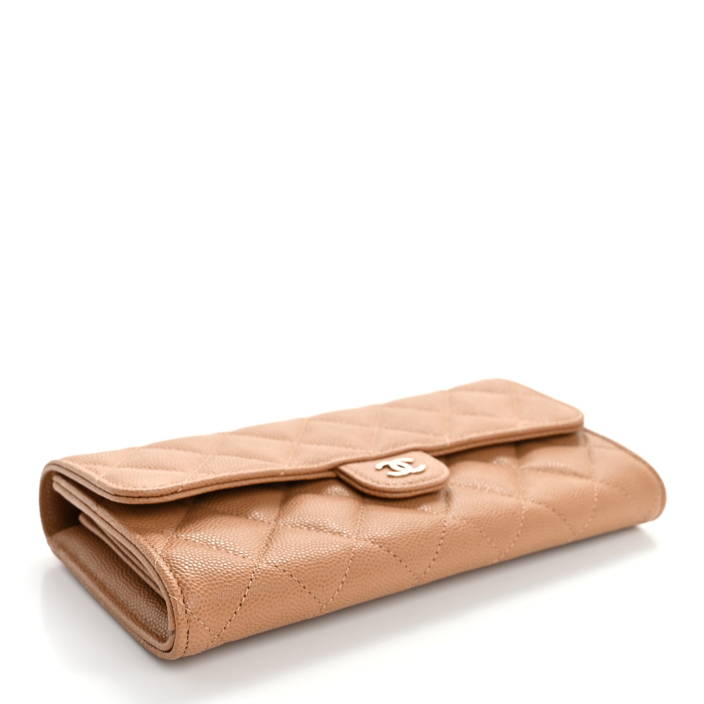 Caviar Quilted Large Gusset Flap Wallet Beige