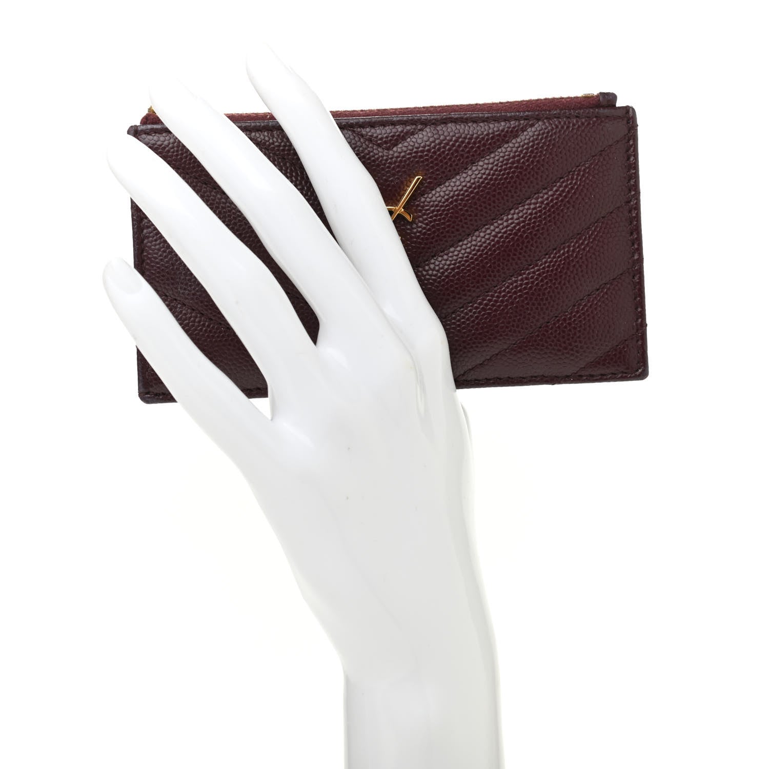 Saint Laurent Grain De Poudre Matelasse Chevron Monogram Fragments Zippered Card Case Rouge Legion 2 of 7