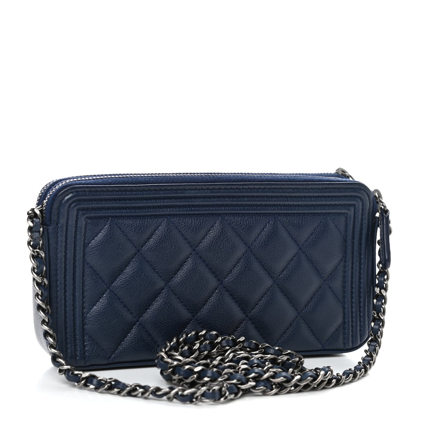 Calfskin Quilted Small Boy Clutch With Chain Navy