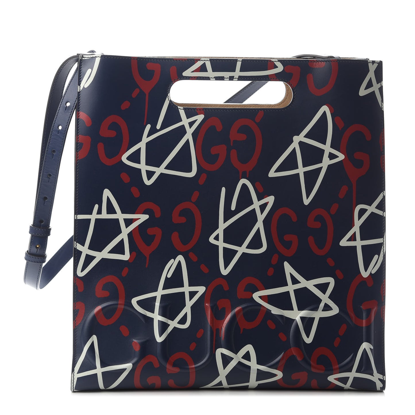 Calfskin GucciGhost Medium XL Tote Blue Agata Hibiscus Red