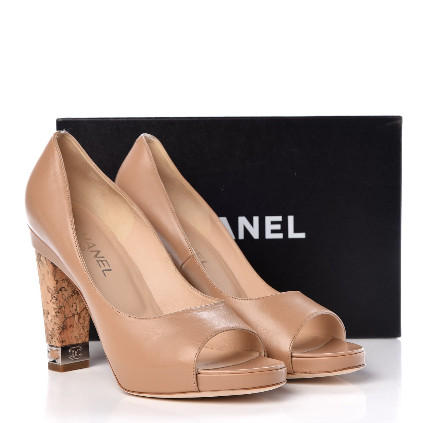 Calfskin Cork Platform Open Toe Pumps 39.5 Beige