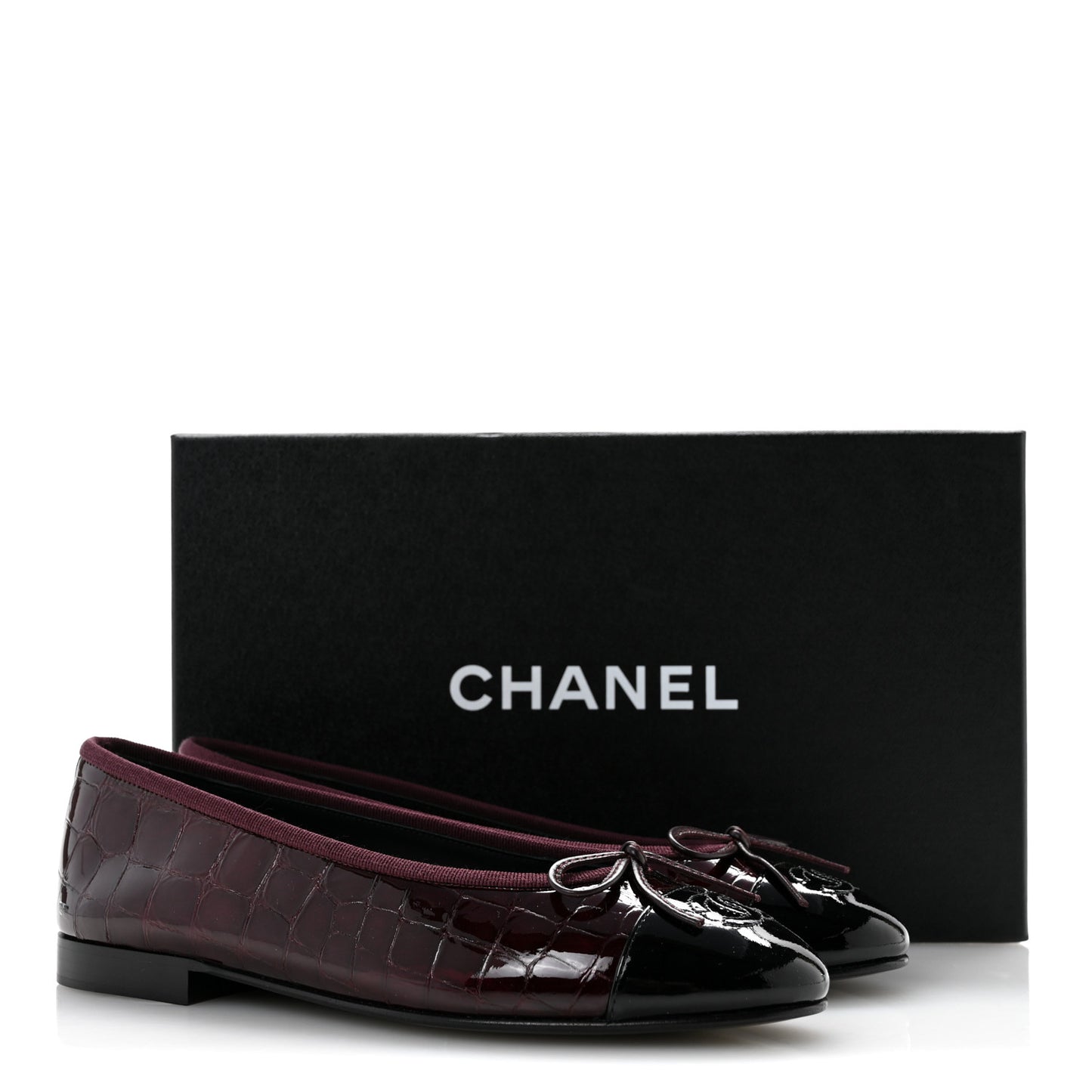 Patent Calfskin Crocodile Embossed Cap Toe CC Ballerina Flats 37 Dark Burgundy Black