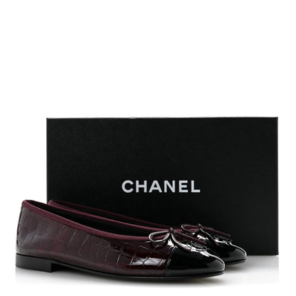 Chanel Patent Calfskin Crocodile Embossed Cap Toe CC Ballerina Flats 37 Dark Burgundy Black 10 of 10