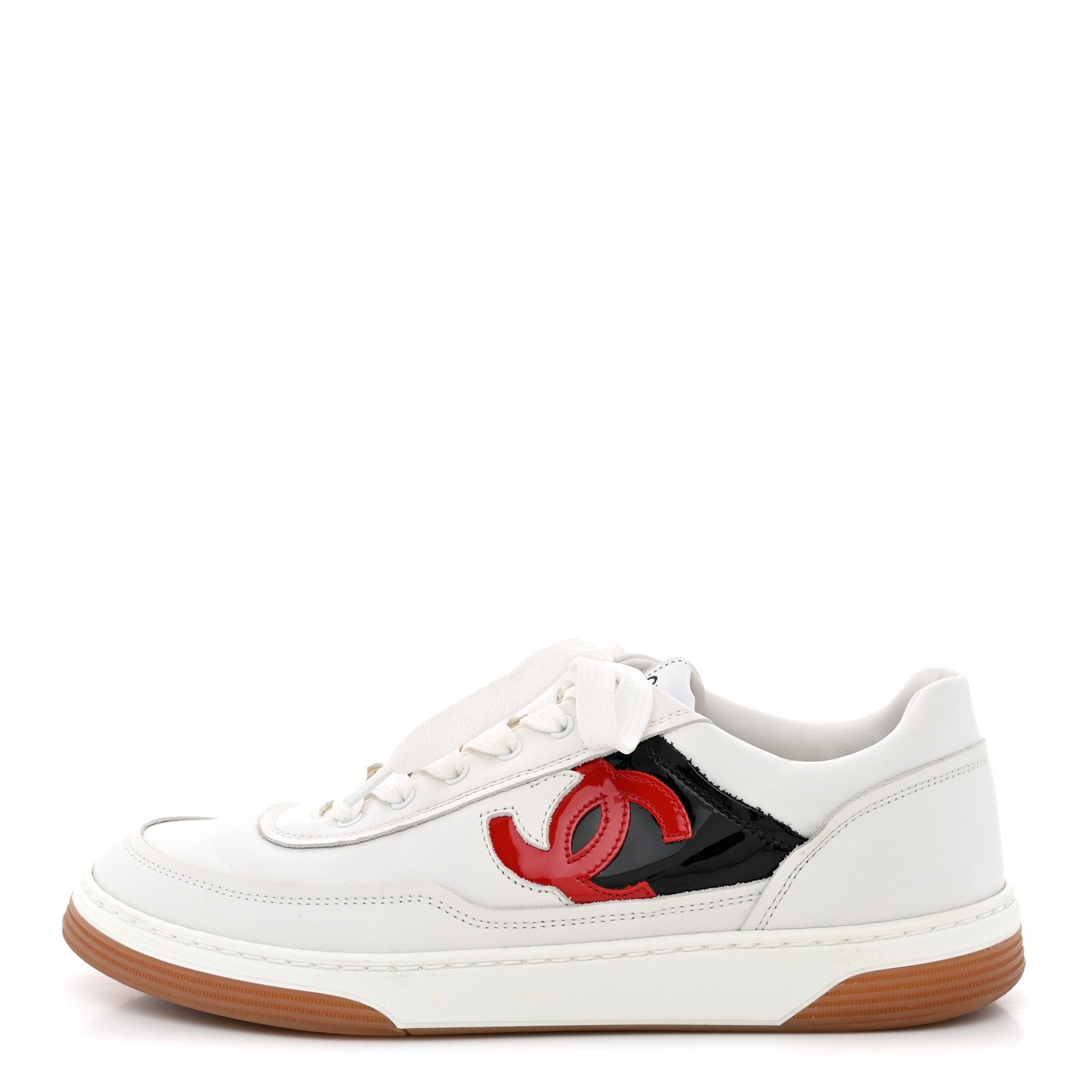 Chanel Calfskin Patent Womens CC Sneakers 38 White Black Red 1 of 9