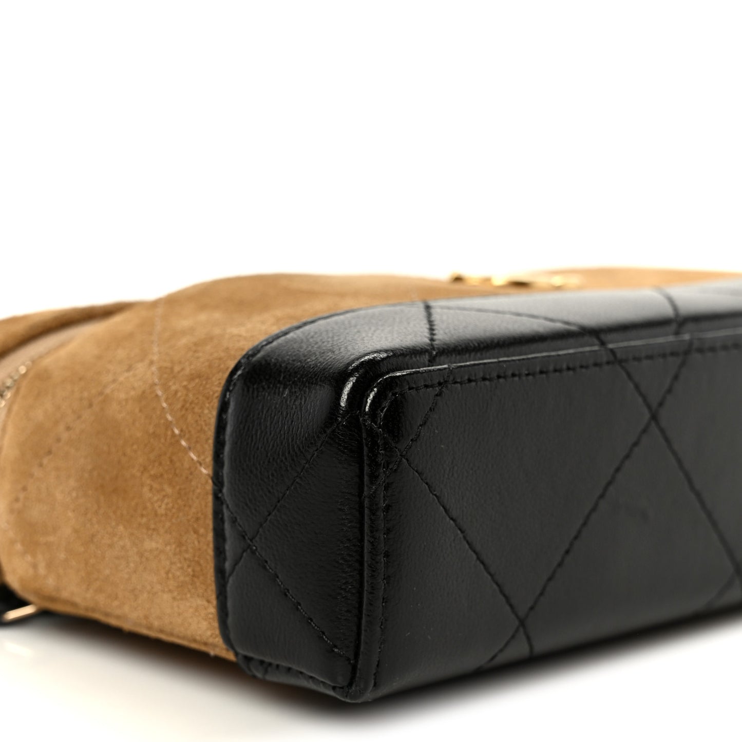 Suede Calfskin Shiny Lambskin Stitched Top Handle Slim Vanity With Chain Beige Black