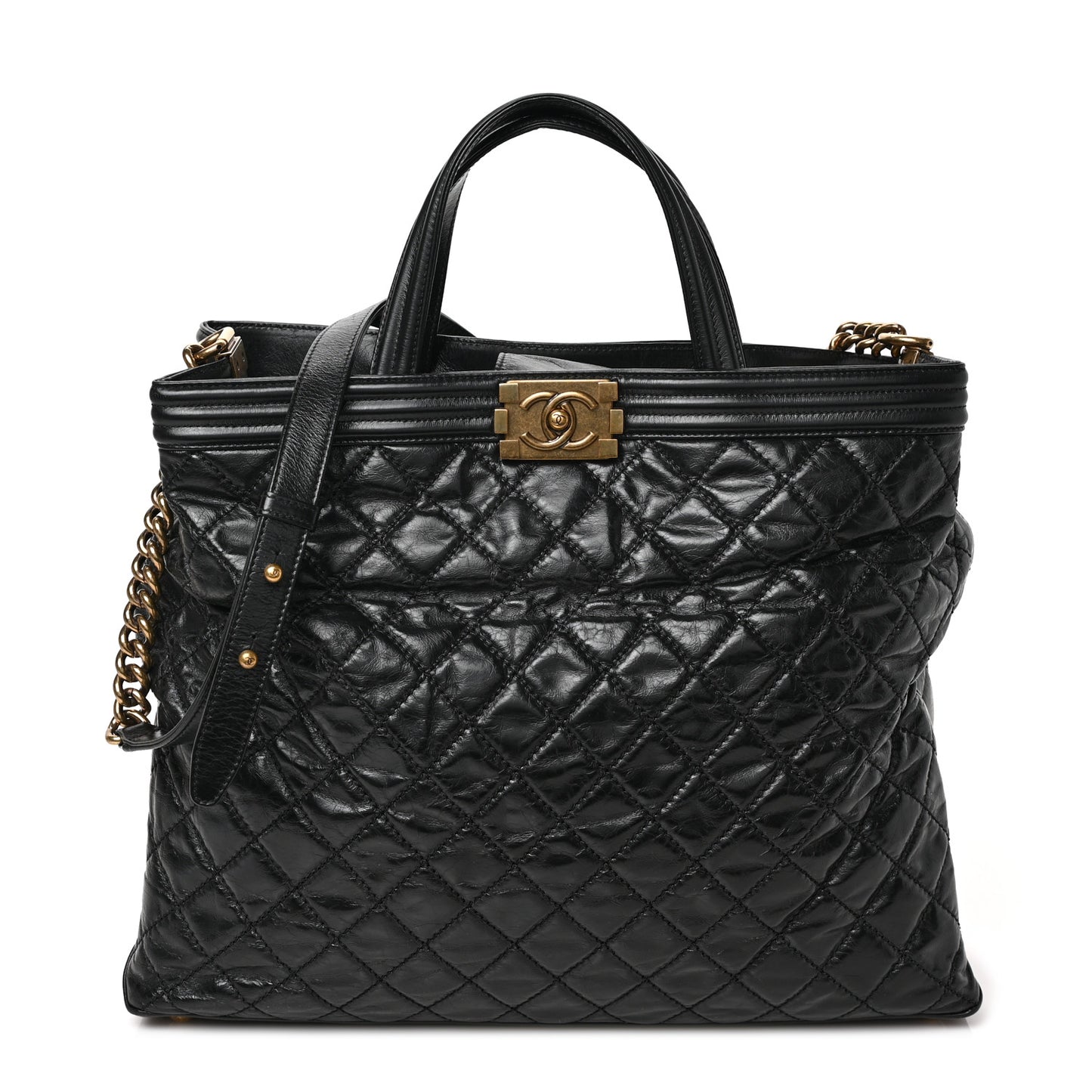 Glazed Calfskin Quilted Large Boy Tote Black