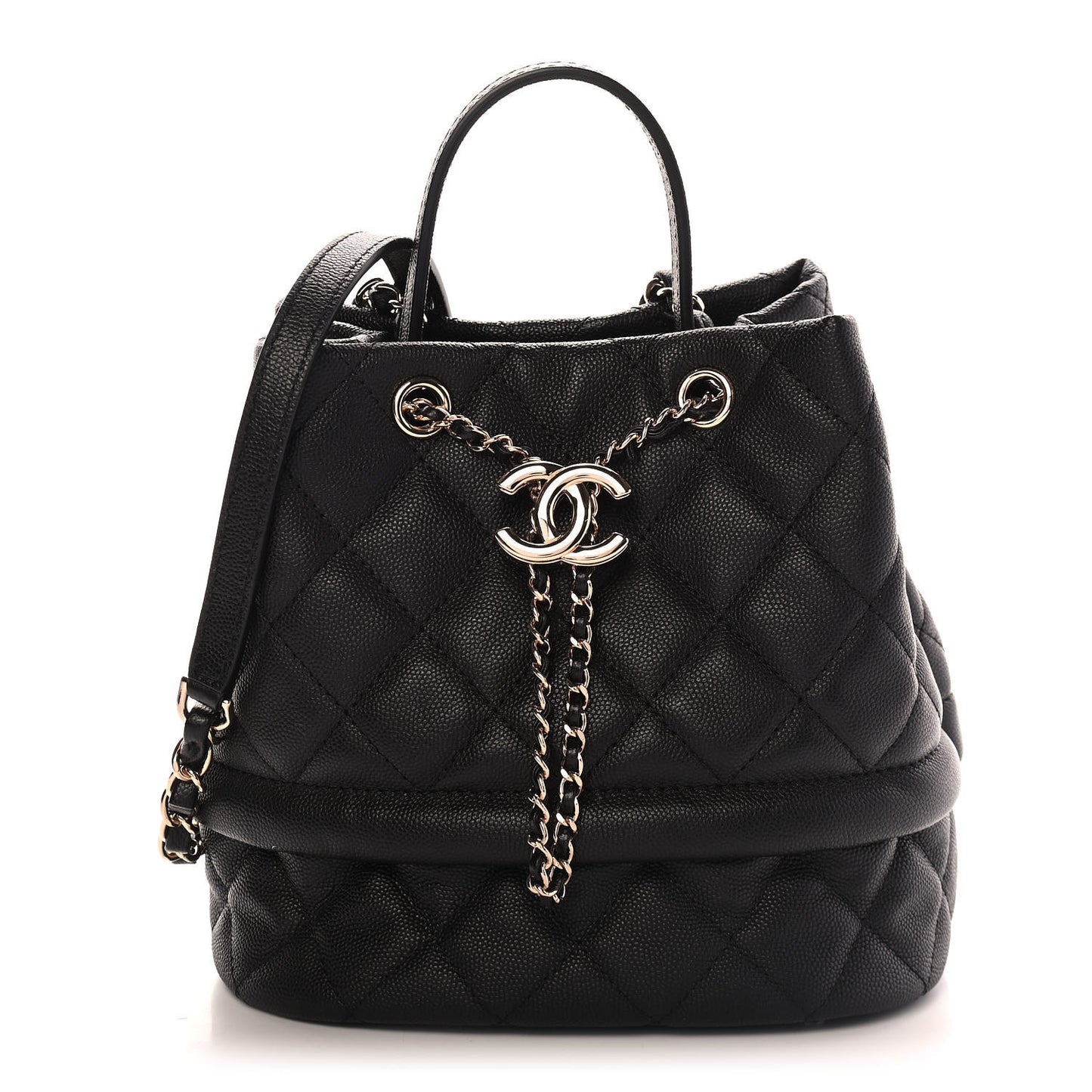 Caviar Quilted Rolled Up Bucket Drawstring Bag Black