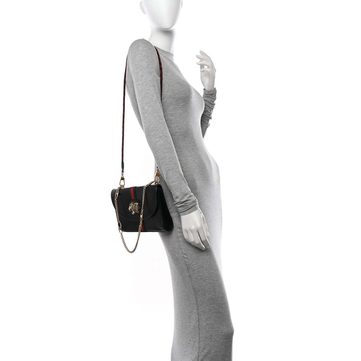 Gucci Textured Calfskin Web Small Rajah Slim Flap Shoulder Bag Black 2 of 10