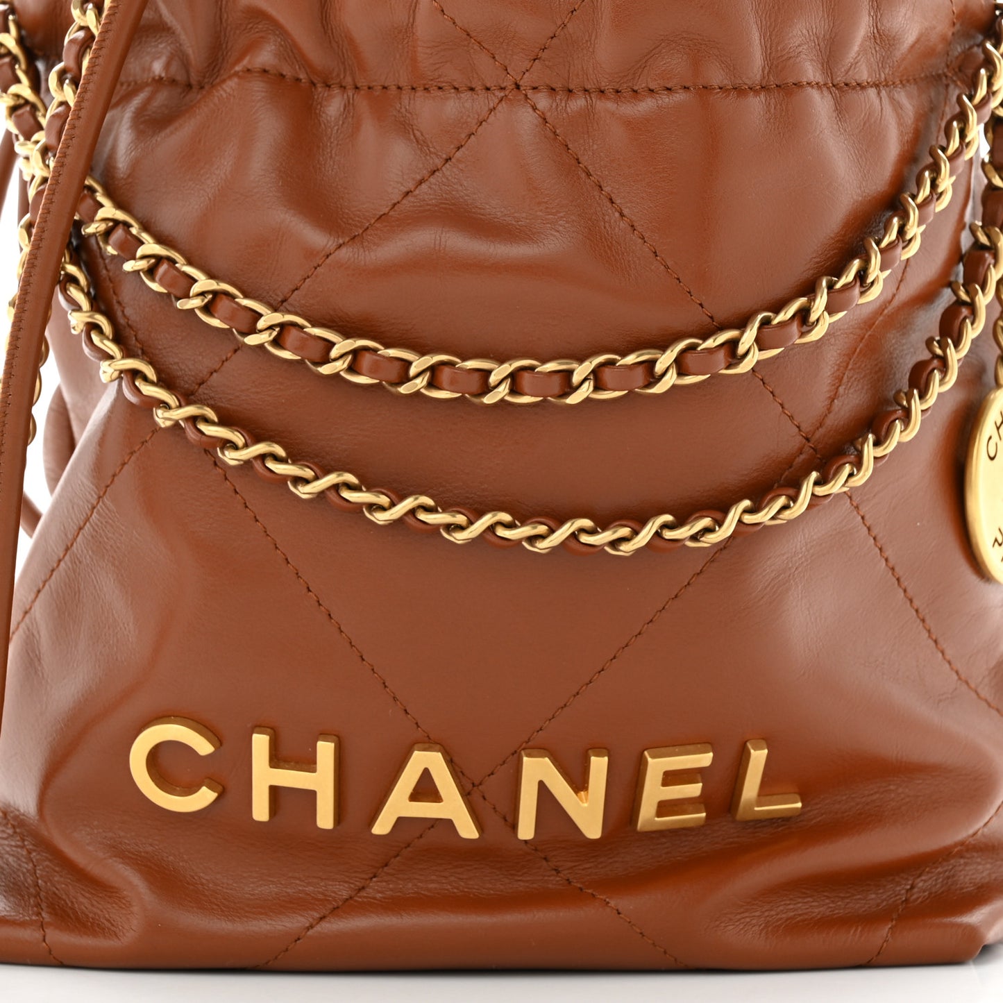Shiny Calfskin Quilted Mini Chanel 22 Light Brown