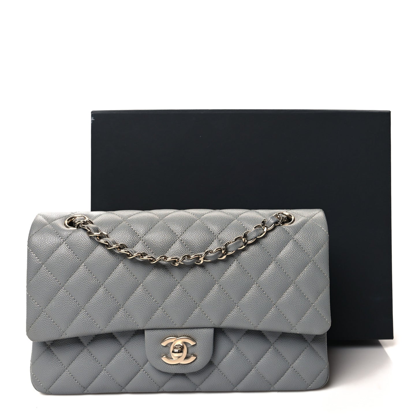 Caviar Quilted Medium Double Flap Grey