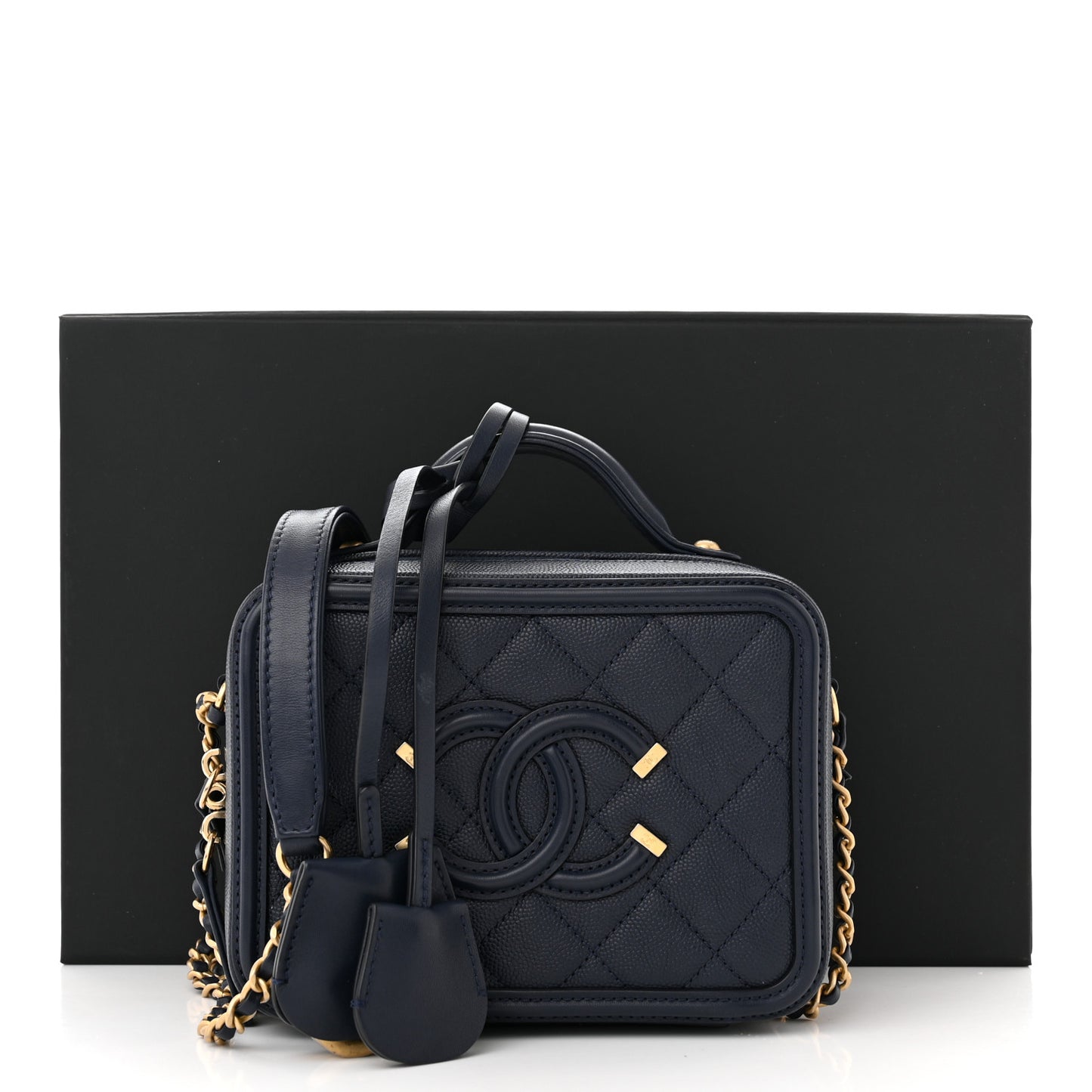 Caviar Quilted Small CC Filigree Vanity Case Navy