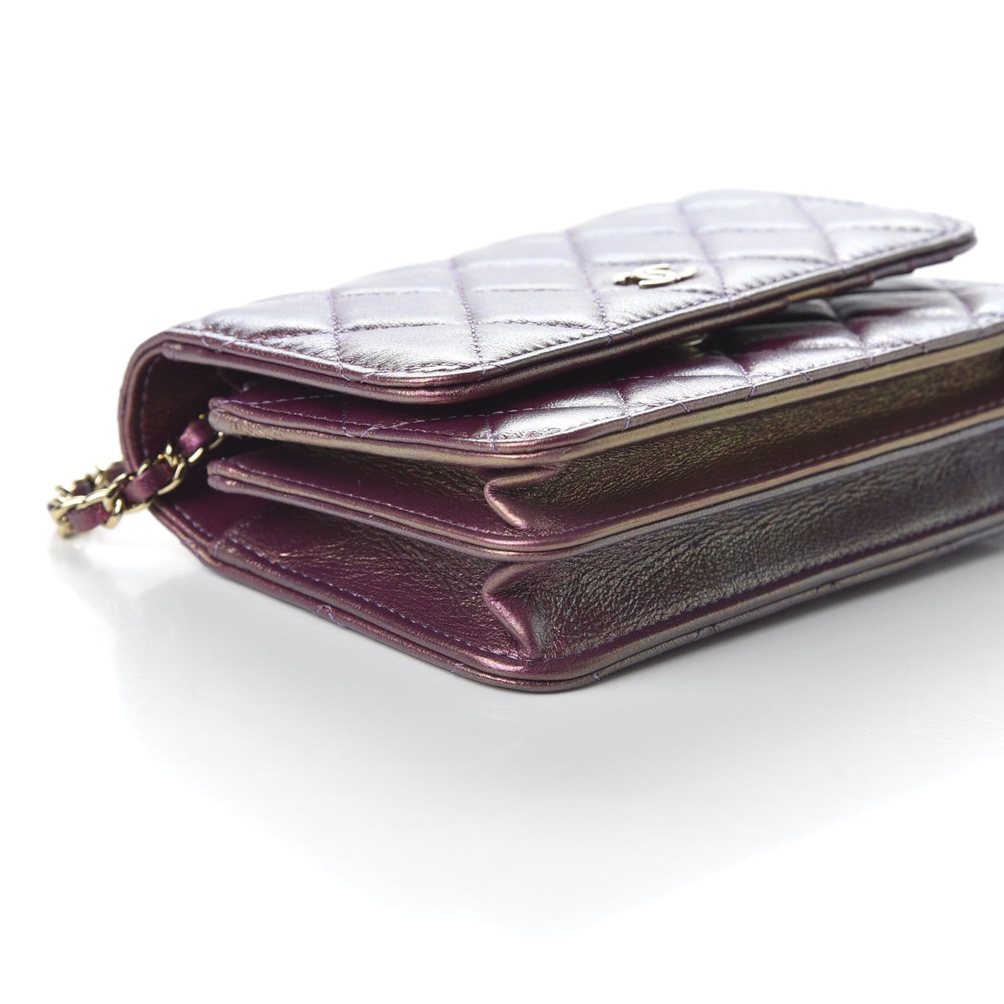 Iridescent Lambskin Quilted Mini Wallet On Chain WOC Purple