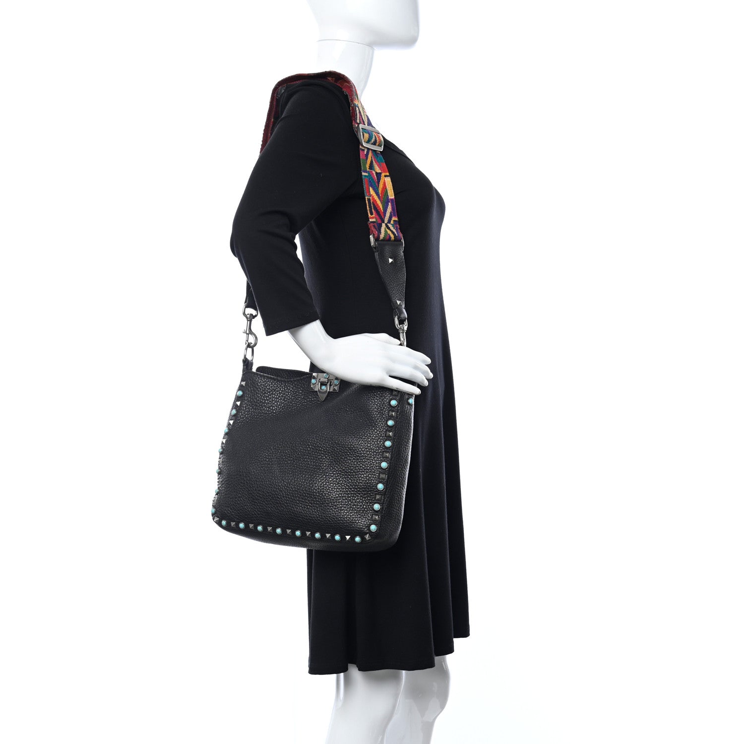 Valentino Garavani Pebbled Calfskin Tribal Small Guitar Strap Rockstud Rolling Flip-Lock Messenger Bag Black 2 of 18