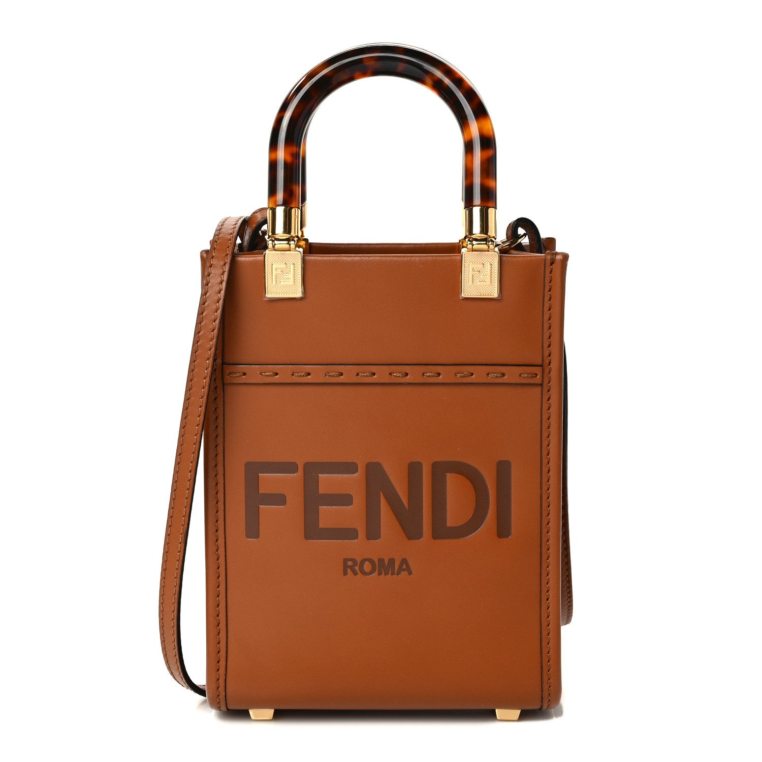 Fendi Vitello King Plexiglass Logo Embossed Mini Fendi Sunshine Shopper Tote Cuoio 1 of 12