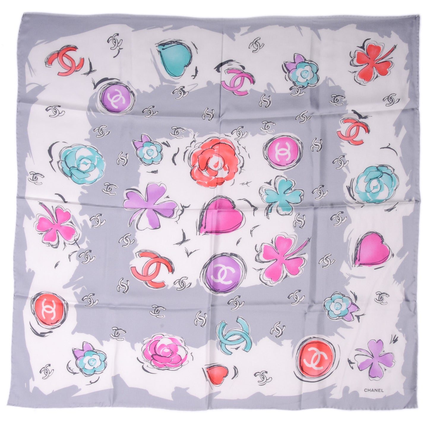 Silk CC Camellia Clover Heart Scarf