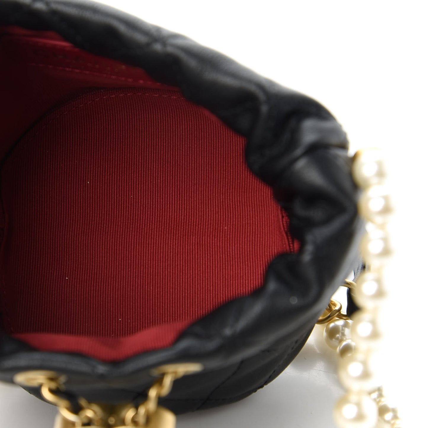 Calfskin Quilted Pearl Mini About Pearls Drawstring Bucket Bag Black