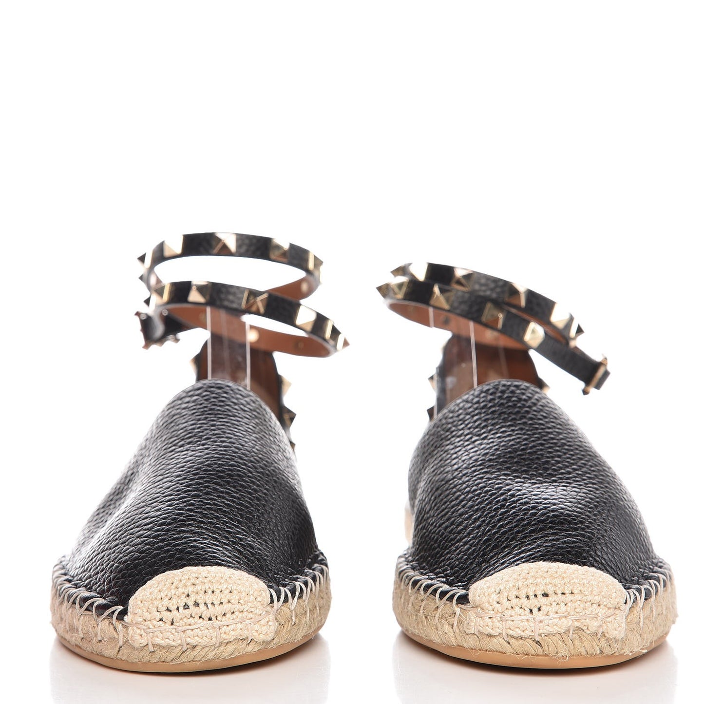 Grained Calfskin Rockstud Ankle Wrap Espadrille 20mm Flats 41 Black Light Cuir Natural