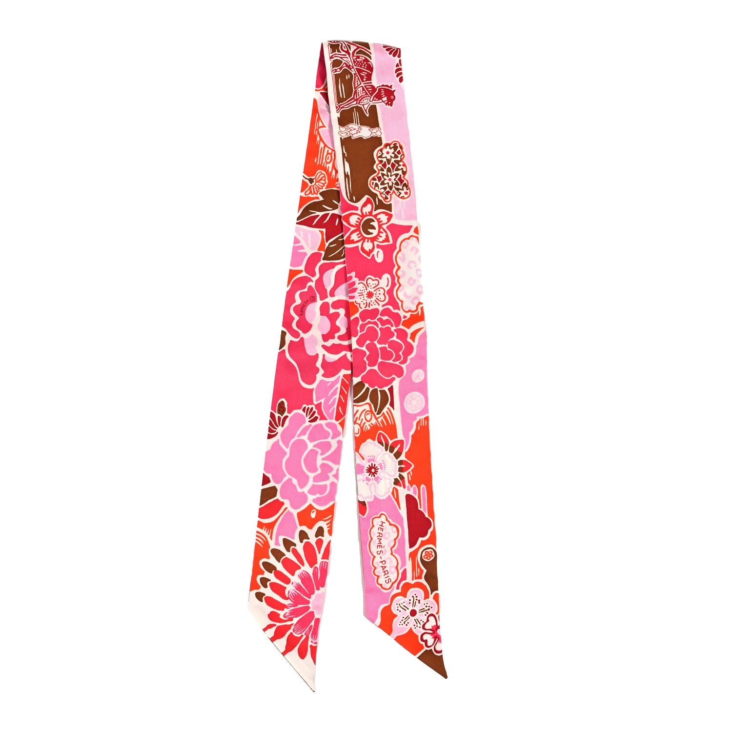 Hermes Silk Bingata Twilly Fuchsia Corail Brun 2 of 4