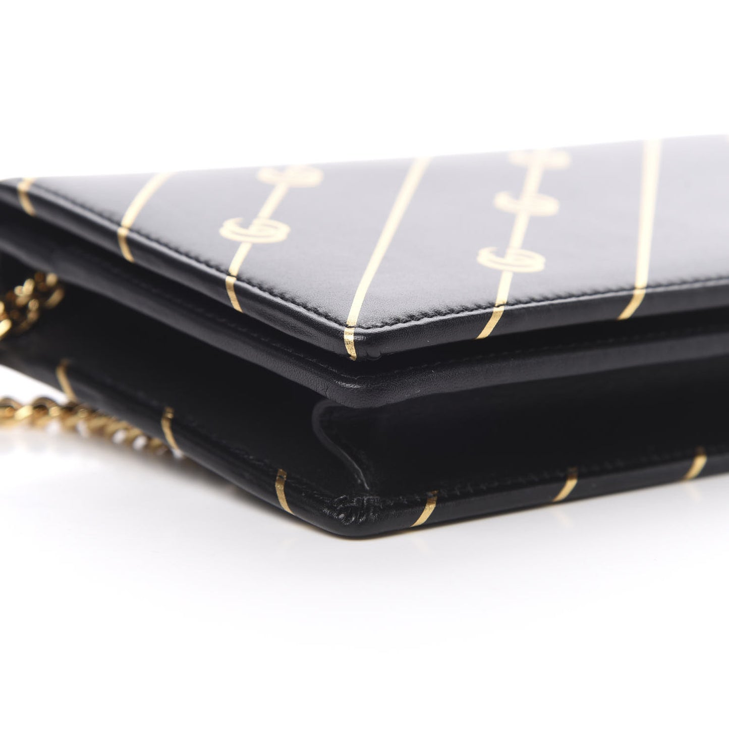 Calfskin Diagonal GG Mini Chain Wallet Black Gold