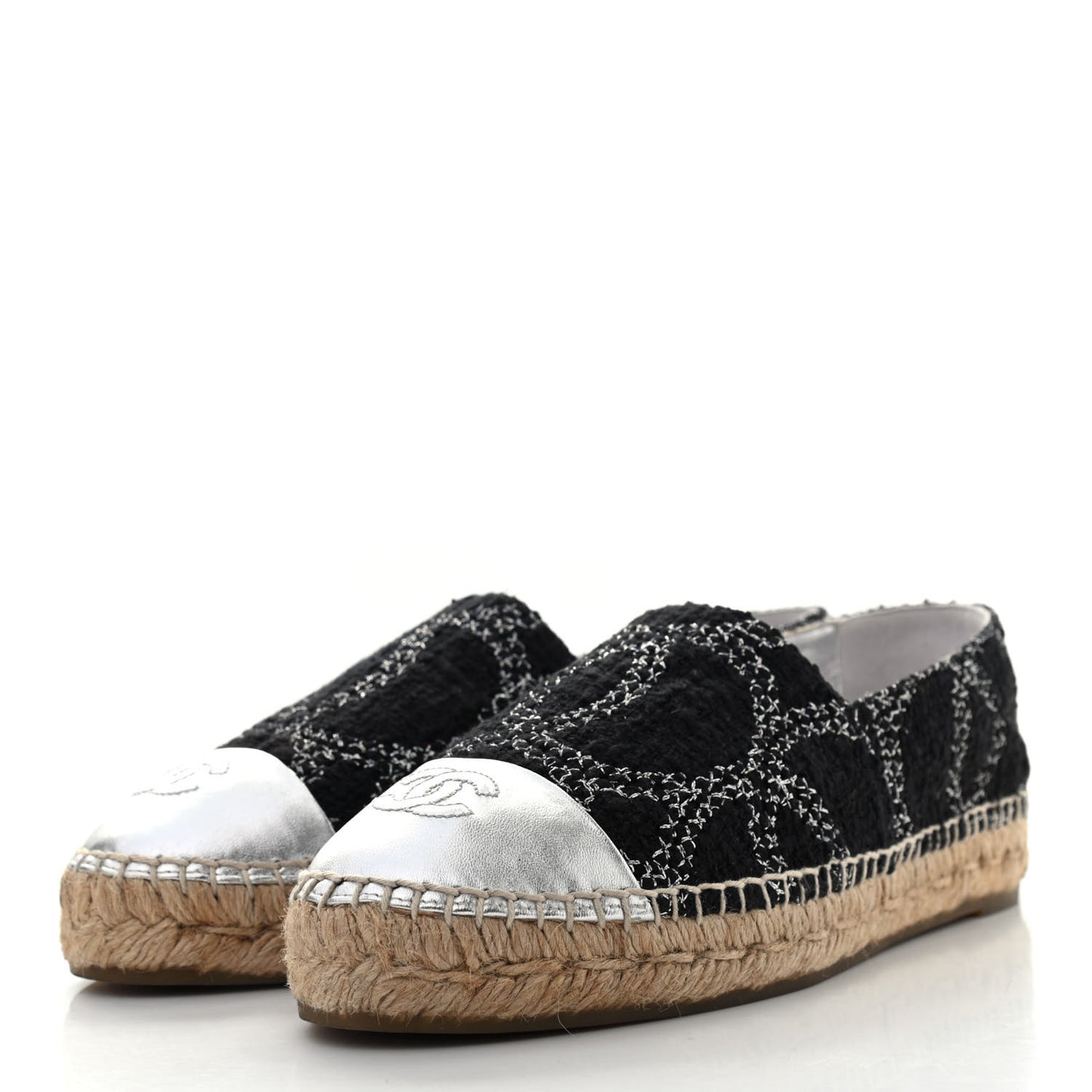 Metallic Tweed Lambskin CC Espadrilles 39 Black Silver