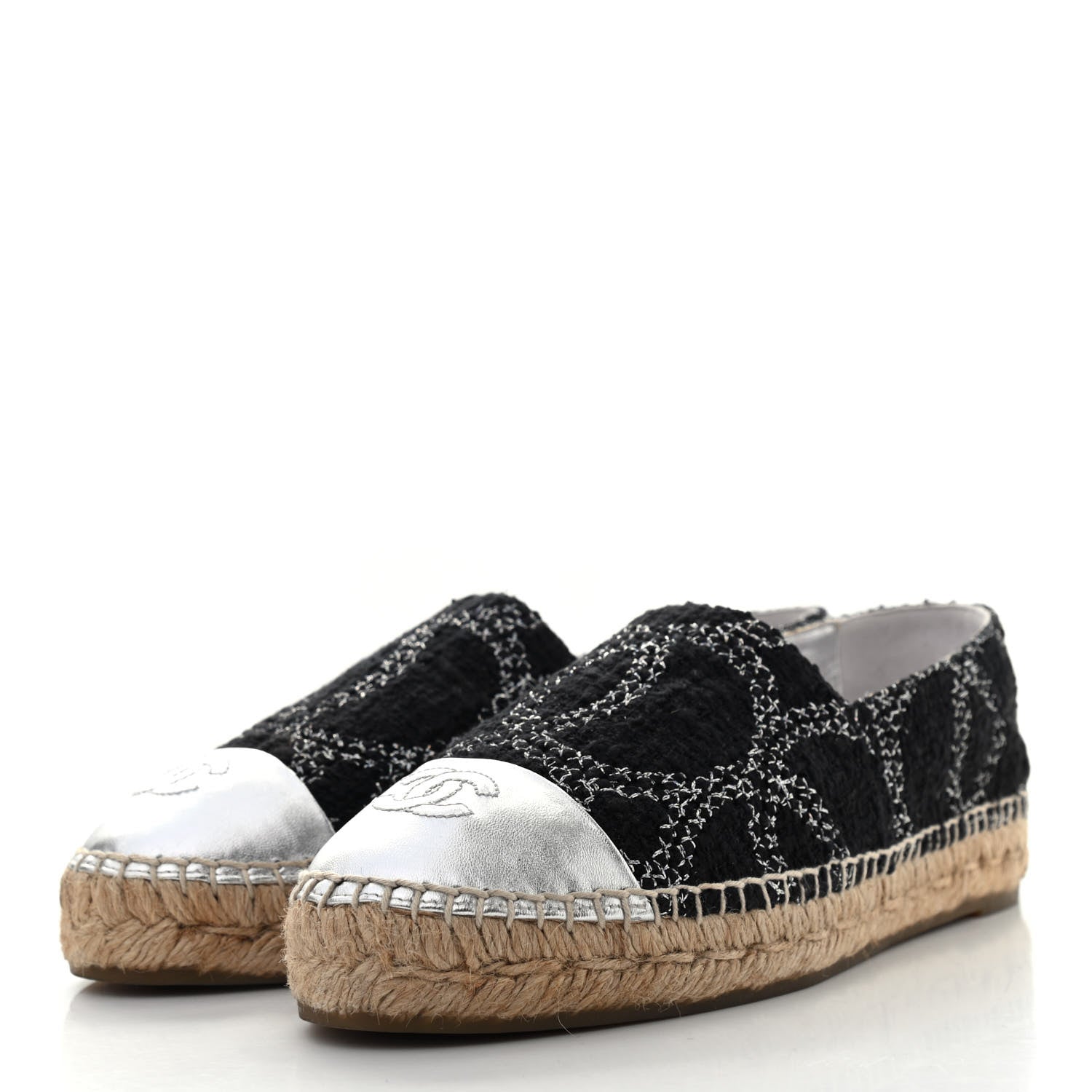 Chanel Metallic Tweed Lambskin CC Espadrilles 39 Black Silver 3 of 7