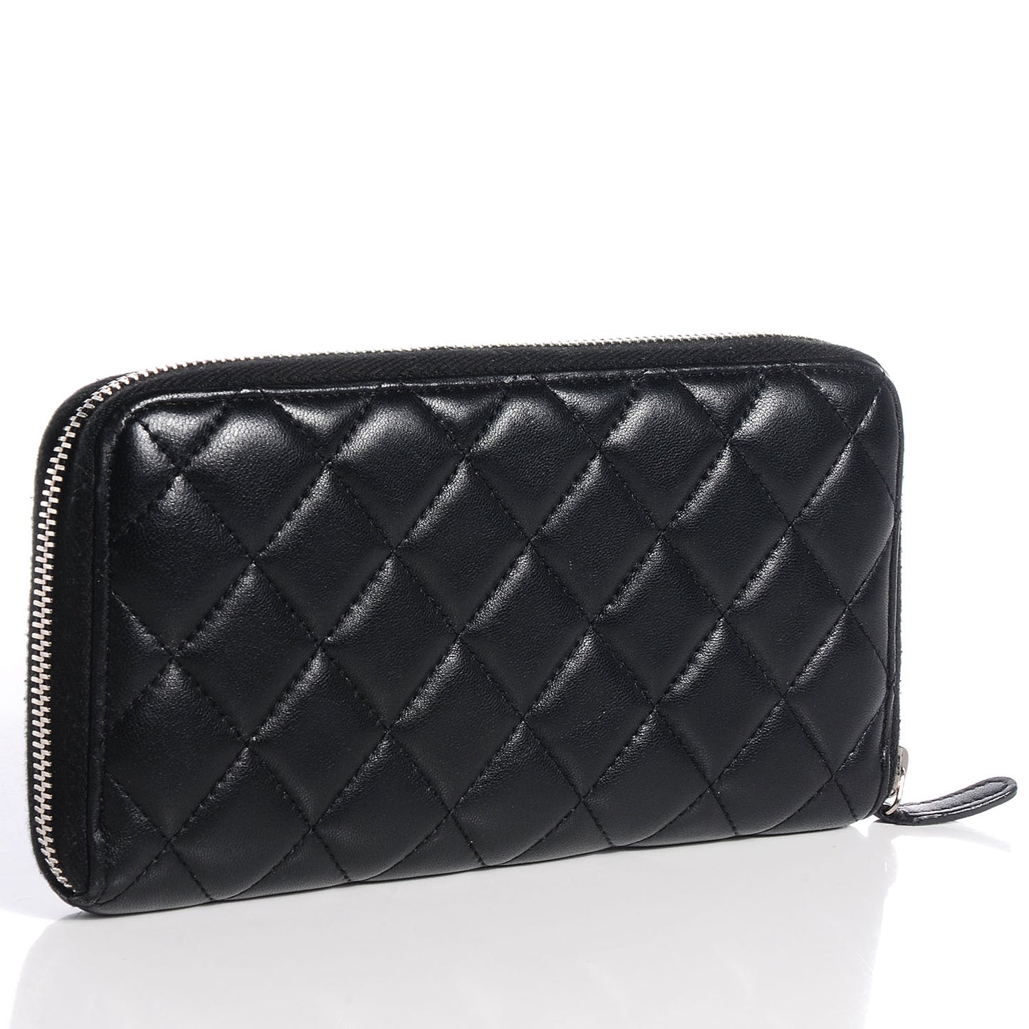 Lambskin Quilted Large Zip Around Wallet Black