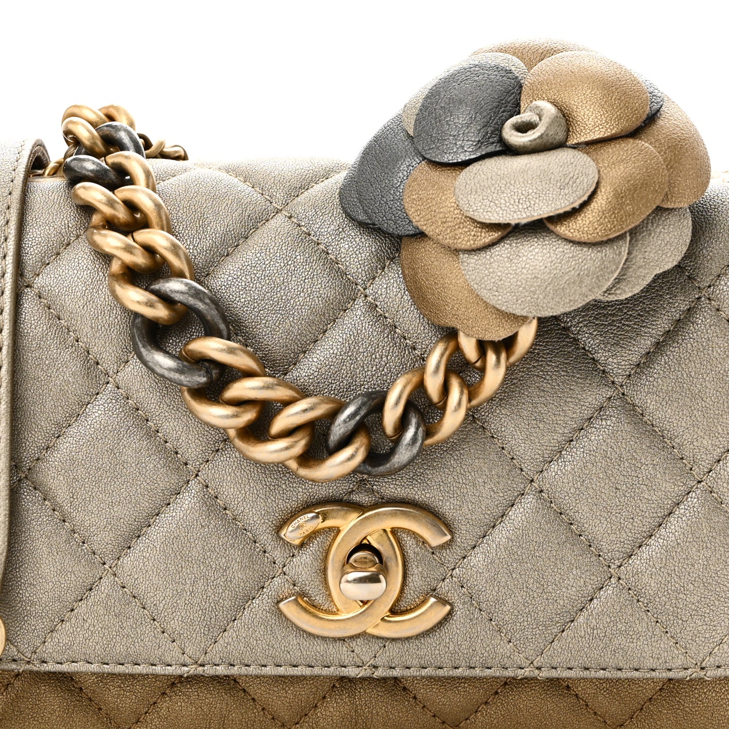 Lambskin Quilted Private Affair Camellia Flap Pale Gold Silver Dark Gold