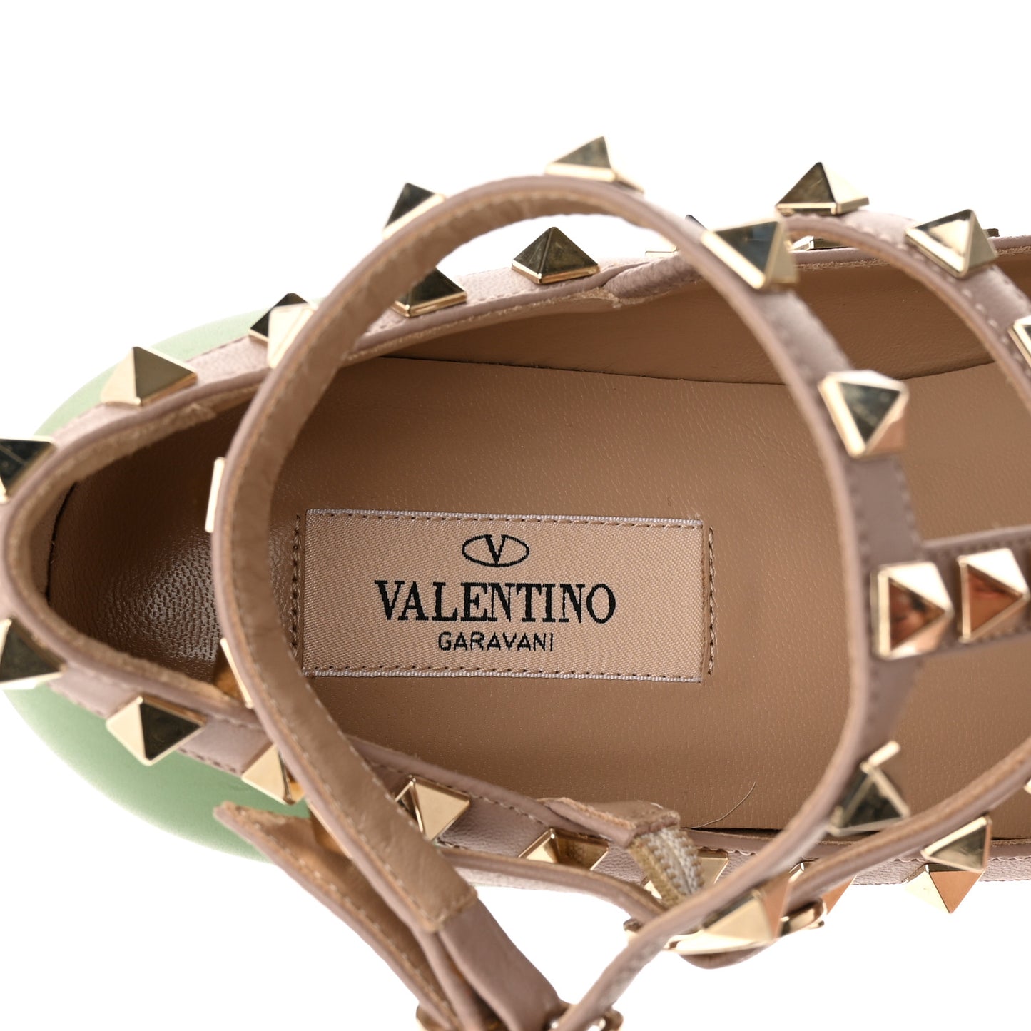 Calfskin Rockstud Cage Ballerina Flats 36.5 Deep Clover Poudre